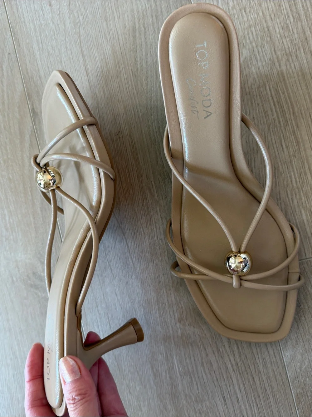 TOP Moda Nude Beige Strappy Slide Sandals with Gold Accent